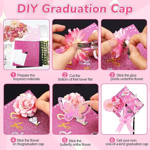 ZeffuLyne Pink Graduation Cap Decorations - 56 Pcs DIY Graduation Cap Topper with Flowers, 3D Butterflies, Letter Stickers, Rhinestones, Glitter Paper, Glue & Tools for Grad Hat Decor in Saudi Arabia