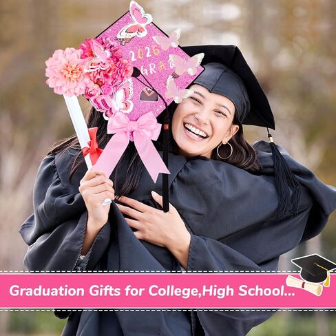 ZeffuLyne Pink Graduation Cap Decorations - 56 Pcs DIY Graduation Cap Topper with Flowers, 3D Butterflies, Letter Stickers, Rhinestones, Glitter Paper, Glue & Tools for Grad Hat Decor in Saudi Arabia