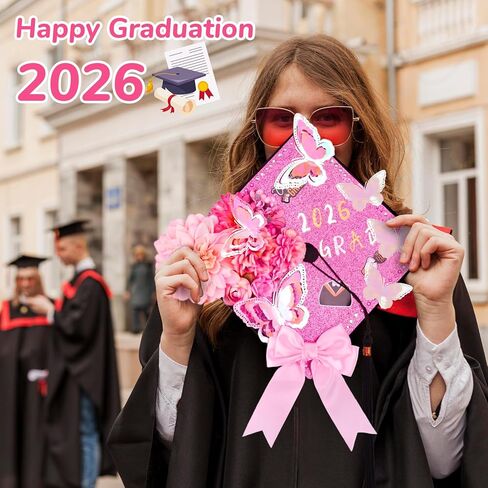 ZeffuLyne Pink Graduation Cap Decorations - 56 Pcs DIY Graduation Cap Topper with Flowers, 3D Butterflies, Letter Stickers, Rhinestones, Glitter Paper, Glue & Tools for Grad Hat Decor in Saudi Arabia