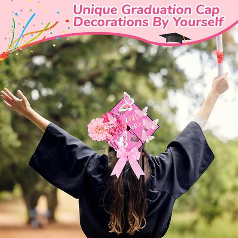 ZeffuLyne Pink Graduation Cap Decorations - 56 Pcs DIY Graduation Cap Topper with Flowers, 3D Butterflies, Letter Stickers, Rhinestones, Glitter Paper, Glue & Tools for Grad Hat Decor in Saudi Arabia