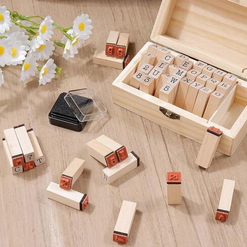 36 Pcs Wooden Rubber Stamps, Wooden Alphabet and Number Stamps with Wood Storage Box, Wood Letter and Number Stamp for DIY Craft, Card Making, Scrapbooking Supplies in Saudi Arabia
