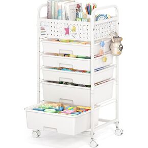 SYKIARIOL 4 Drawer Rolling Storage Cart with Pegboard Top and Hooks, Mobile Organizer Cart with Wheels for Office Supplies, Craft Storage, Classroom Organization, Home Utility Cart, White in Saudi Arabia