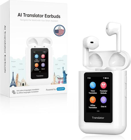 سماعات أذن Anfier A8 AI للترجمة في الوقت الحقيقي، جهاز مترجم ChatGPT بـ 144 لغة، Audifonos Traductores Inglés Español في الوقت الحقيقي لا يتطلب تطبيق، مترجم لغة غير متصل للسفر (أبيض) in Kuwait