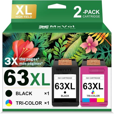 خرطوشة حبر بديلة 63XL لحبر HP 63 XL HP63 حبر عالي الإنتاجية متوافق مع HP Deskjet 1112 3637 3630 2130 Officejet 4650 3830 5200 5255 5258 Envy 4520 4510 عبوتان باللون الأسود واللون in Kuwait