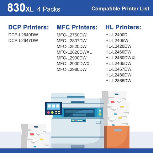 خرطوشة حبر أسود TN830XL ​​لاستبدال الطابعة HL-L2460DW لـ Brother TN830 XL TN830 TN-830 مجموعة حبر DCP-L2640DW HL-L2460DWXL HL-L2405W MFC-L2820DW MFC-L2820DWXL، 4PK (مع رقاقة) in Kuwait