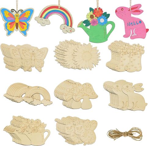 32PCS Wooden Spring Ornaments to Paint, 8 Styles DIY Blank Unfinished Wood Cutouts Ornament for Home Crafts Hanging Decorations,Insect Rainbow Butterfly Rabbit Watering Can Mushroom Flower Shape in Saudi Arabia