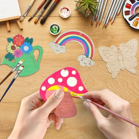 32PCS Wooden Spring Ornaments to Paint, 8 Styles DIY Blank Unfinished Wood Cutouts Ornament for Home Crafts Hanging Decorations,Insect Rainbow Butterfly Rabbit Watering Can Mushroom Flower Shape in Saudi Arabia