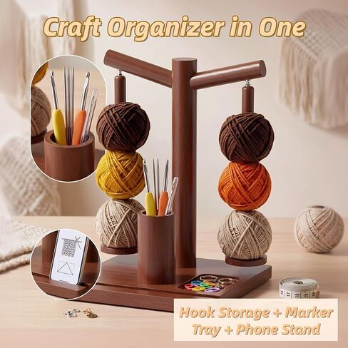 Vintage Wooden Yarn Holder for Crocheting and Knitting, Magnetic Rotating Yarn Spinner with 2 Spindles, Crochet Accessory Organizer with Phone Stand, Yarn Storage and Gift for Knitters(VW-01) in Saudi Arabia