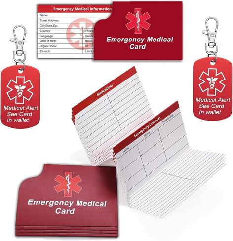 10 Pcs Emergency Medical Information Card with Tri-Folding with Protective Sleeves, Medical Alert Keychain Tags See Wallet Card, Contact ID, Medications and Allergy Fields Card for Wallet Pocket in Saudi Arabia