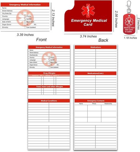 10 Pcs Emergency Medical Information Card with Tri-Folding with Protective Sleeves, Medical Alert Keychain Tags See Wallet Card, Contact ID, Medications and Allergy Fields Card for Wallet Pocket in Saudi Arabia