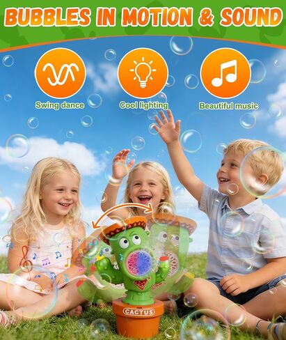 Bubble Machine for Kids, Rechargeable Cactus Bubble Maker with Lights & Music, Dancing Bubble Machine Toy with Bubble Solution Included, Outdoor Summer Toys for Kids, Birthday Party & Gift in Kuwait