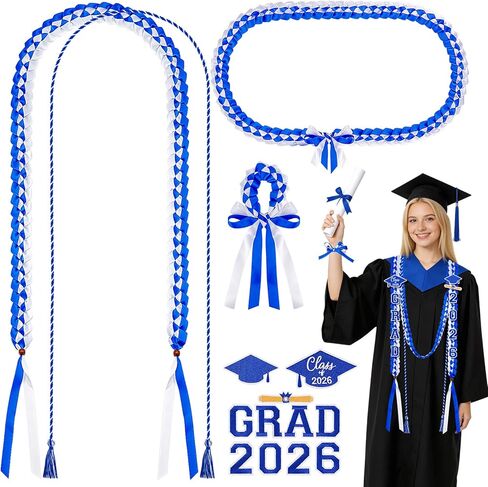 Dreamtop Graduation Leis Class of 2026-15 قطعة شريط التخرج المضفر المزدوج Leis وحبل Grad سوار معصم قابل للتعديل مع 2026 & Grad Patches لوازم حفلات التخرج (أزرق وأبيض) in Kuwait