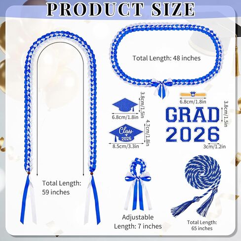 Dreamtop Graduation Leis Class of 2026-15 قطعة شريط التخرج المضفر المزدوج Leis وحبل Grad سوار معصم قابل للتعديل مع 2026 & Grad Patches لوازم حفلات التخرج (أزرق وأبيض) in Kuwait