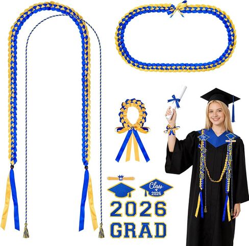 Dreamtop Graduation Leis Class of 2026-15 قطعة شريط التخرج المضفر المزدوج Leis وحبل Grad سوار معصم قابل للتعديل مع 2026 & Grad Patches لوازم حفلات التخرج (أزرق وأبيض) in Kuwait