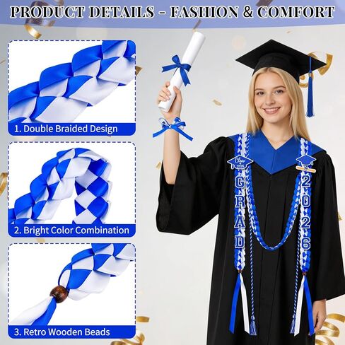 Dreamtop Graduation Leis Class of 2026-15 قطعة شريط التخرج المضفر المزدوج Leis وحبل Grad سوار معصم قابل للتعديل مع 2026 & Grad Patches لوازم حفلات التخرج (أزرق وأبيض) in Kuwait