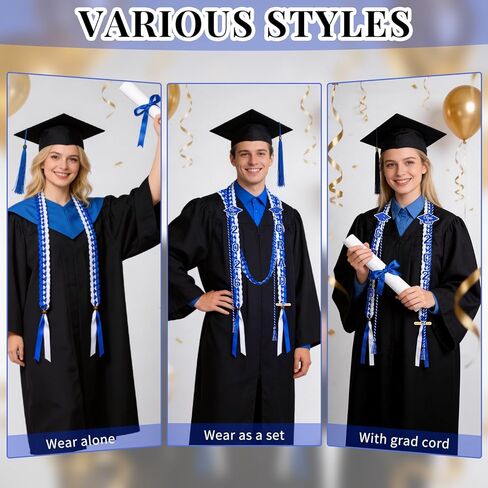 Dreamtop Graduation Leis Class of 2026-15 قطعة شريط التخرج المضفر المزدوج Leis وحبل Grad سوار معصم قابل للتعديل مع 2026 & Grad Patches لوازم حفلات التخرج (أزرق وأبيض) in Kuwait