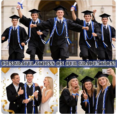 Dreamtop Graduation Leis Class of 2026-15 قطعة شريط التخرج المضفر المزدوج Leis وحبل Grad سوار معصم قابل للتعديل مع 2026 & Grad Patches لوازم حفلات التخرج (أزرق وأبيض) in Kuwait