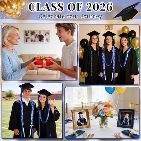 Dreamtop Graduation Leis Class of 2026-15 قطعة شريط التخرج المضفر المزدوج Leis وحبل Grad سوار معصم قابل للتعديل مع 2026 & Grad Patches لوازم حفلات التخرج (أزرق وأبيض) in Kuwait