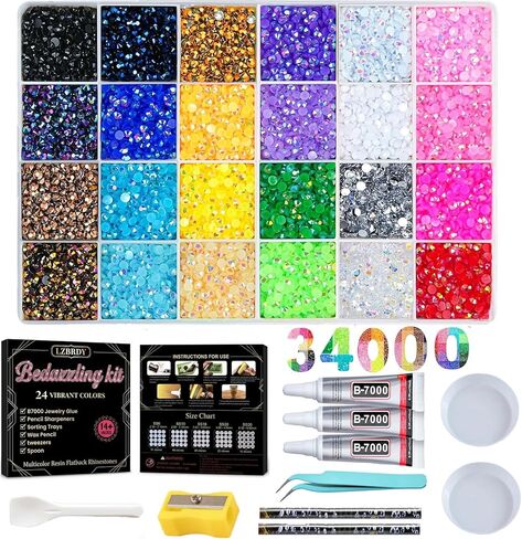 LZBRDY 34,000pcs Resin Rhinestones Kit - 24 Colors 3mm Flatback Gems with 3X B7000 Glue, 2 Wax Pencils & 2 Trays - Ultimate Bedazzling Kit for 2 Persons, DIY Gift Box for Shoes, Denim & Tumblers in Saudi Arabia