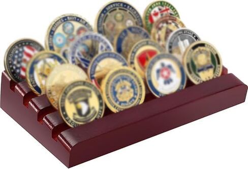 Challenge Coin Display Holder, 4 Row Military Army Collectible Rack Holds 16 Coins Natural Solid Wood Stand for Collectors Veterans -Black (Mahogany) in Saudi Arabia