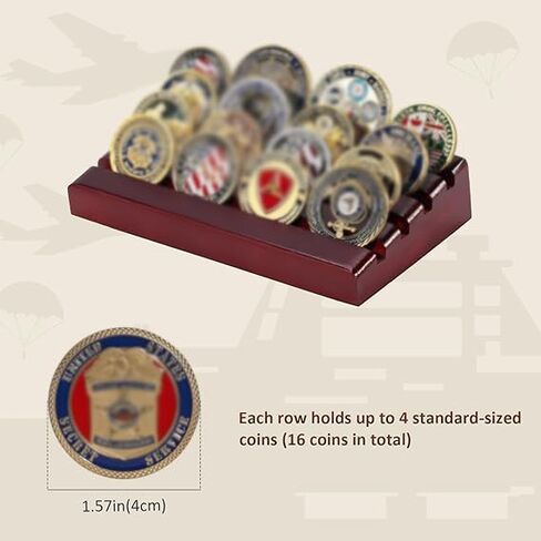 Challenge Coin Display Holder, 4 Row Military Army Collectible Rack Holds 16 Coins Natural Solid Wood Stand for Collectors Veterans -Black (Mahogany) in Saudi Arabia
