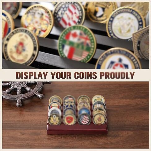 Challenge Coin Display Holder, 4 Row Military Army Collectible Rack Holds 16 Coins Natural Solid Wood Stand for Collectors Veterans -Black (Mahogany) in Saudi Arabia
