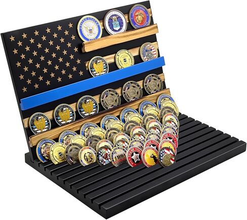 LIUYALO Thin Blue Line Challenge Coin Display Rack, Solid Wood Police Coin Holder Holds 100 Coins with 13-Tier Collector Showcase for Law Enforcement Memorabilia(Blue) in Saudi Arabia
