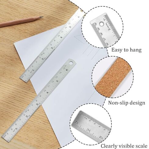 Cork Backed Ruler, Stainless Steel Metal Non-Slip Ruler 6+12+18 Inch with Inch and Centimeters Straight Edge Cork Base Rulers for Drafting Office Tools, Prevent Ink Leakage in Saudi Arabia
