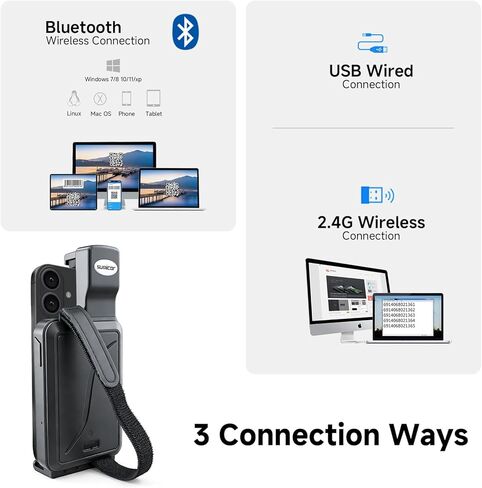 Sumicor Back Clip Bluetooth ماسح الباركود، 3 في 1 Bluetooth5.2 & 2.4G لاسلكي وUSB سلكي قارئ باركود صغير محمول متوافق مع 4.7 بوصة - 6.6 بوصة iPhone، Android الذكي in Kuwait