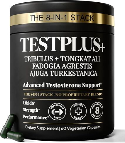 TESTPLUS+ 1,450 مجم دعم هرمون التستوستيرون 8 في 1 للرجال - قوة عالية تونغكات علي، فادوجيا أجريتيس، تركستانيكا وتريبولوس - أداء طبيعي، تركيبة طاقة ونمو العضلات (60 كبسولة) in Kuwait
