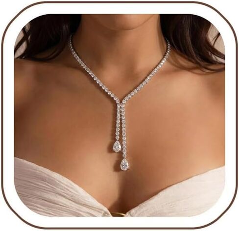 STONEFANS Long Tennis Necklaces for Women - Dainty Silver Lariat Necklace Rhinestone Y Shaped Drop Necklace Cute Choker Necklaces for Women Trendy Silver Prom Jewelry Gifts in Saudi Arabia