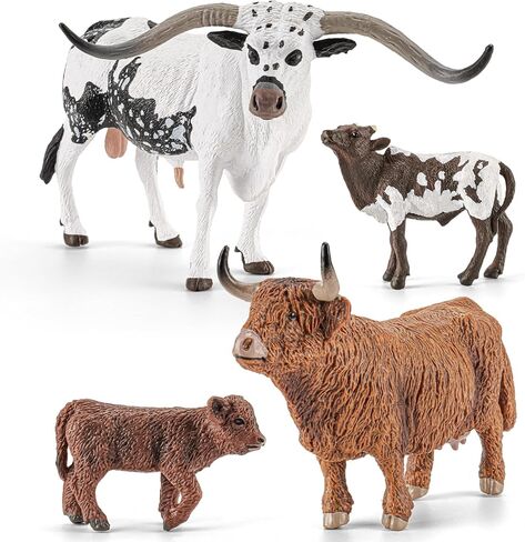 4PCS Highland Cow & Texas Longhorn Bull Farm Animals Figurines for Kids 3 4 5+, Plastic Cow Bull Farm Animal Toys for Boys Girls, Include 2 Calfs, Birthday Gift Cake Toppers Party Favors in Kuwait