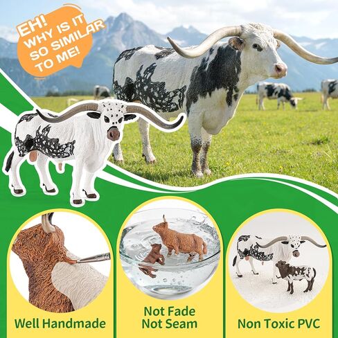 4PCS Highland Cow & Texas Longhorn Bull Farm Animals Figurines for Kids 3 4 5+, Plastic Cow Bull Farm Animal Toys for Boys Girls, Include 2 Calfs, Birthday Gift Cake Toppers Party Favors in Kuwait