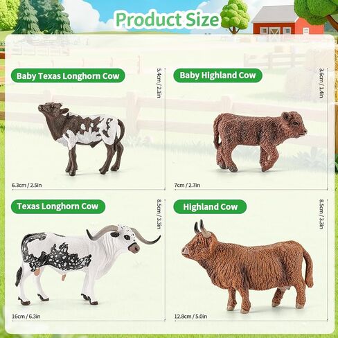 4PCS Highland Cow & Texas Longhorn Bull Farm Animals Figurines for Kids 3 4 5+, Plastic Cow Bull Farm Animal Toys for Boys Girls, Include 2 Calfs, Birthday Gift Cake Toppers Party Favors in Kuwait