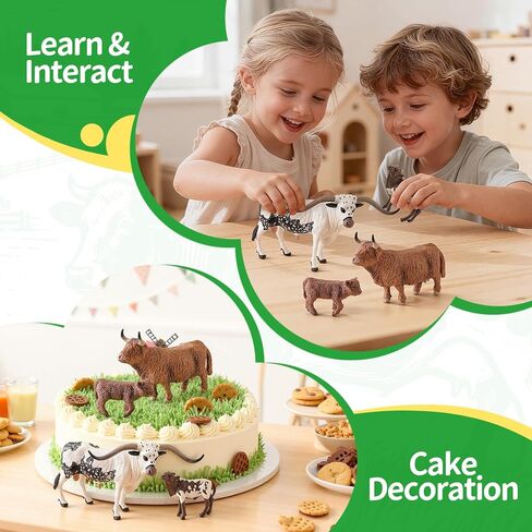 4PCS Highland Cow & Texas Longhorn Bull Farm Animals Figurines for Kids 3 4 5+, Plastic Cow Bull Farm Animal Toys for Boys Girls, Include 2 Calfs, Birthday Gift Cake Toppers Party Favors in Kuwait
