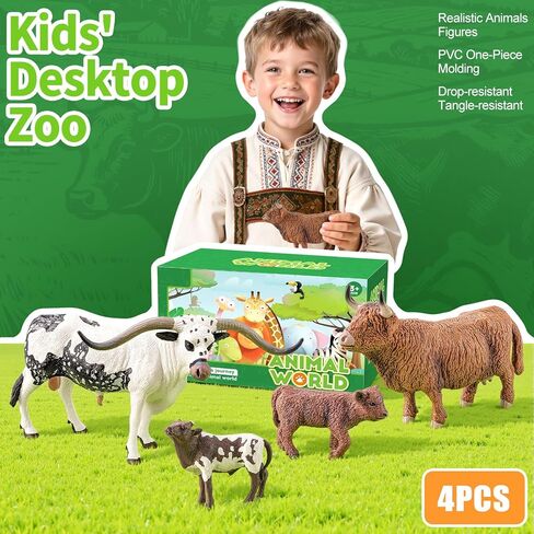 4PCS Highland Cow & Texas Longhorn Bull Farm Animals Figurines for Kids 3 4 5+, Plastic Cow Bull Farm Animal Toys for Boys Girls, Include 2 Calfs, Birthday Gift Cake Toppers Party Favors in Kuwait