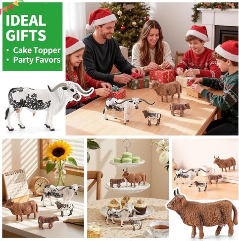4PCS Highland Cow & Texas Longhorn Bull Farm Animals Figurines for Kids 3 4 5+, Plastic Cow Bull Farm Animal Toys for Boys Girls, Include 2 Calfs, Birthday Gift Cake Toppers Party Favors in Kuwait