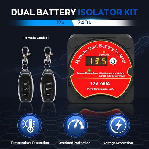 طقم عازل بطارية مزدوج 12 فولت 240 أمبير مع جهاز تحكم عن بعد، شاشة LCD مرحل حساس للجهد (VSR) لإعداد البطارية المزدوجة، متوافق مع قارب الشاحنة RV ATV UTV in Kuwait