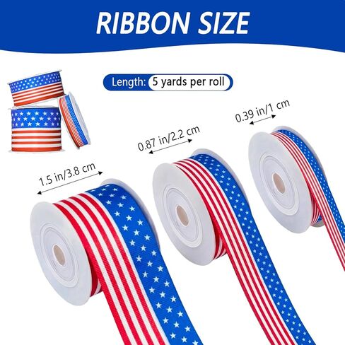 3 Rolls Red White and Blue Ribbon 15 Yard Patriotic Ribbon American Flag Striped Grosgrain Ribbons for Crafts DIY Gift Wrapping 4th of July Decorations 3/8, 7/8, 1.5 Inch in Saudi Arabia