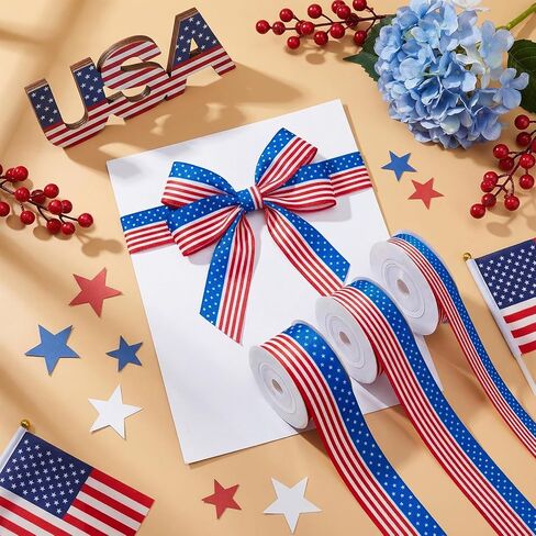 3 Rolls Red White and Blue Ribbon 15 Yard Patriotic Ribbon American Flag Striped Grosgrain Ribbons for Crafts DIY Gift Wrapping 4th of July Decorations 3/8, 7/8, 1.5 Inch in Saudi Arabia