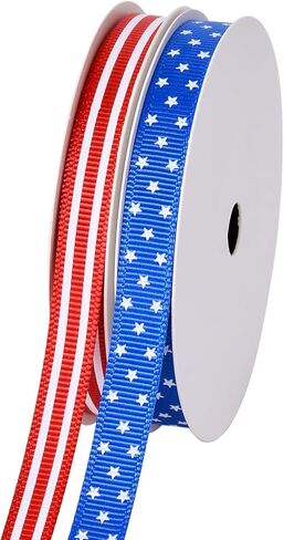 شريط Ribest باللونين الأحمر والأبيض والأزرق، 3/8 بوصة 4 من شريط Grosgrain الوطني مع نمط مخطط نجوم لتغليف الهدايا التذكارية لقدامى المحاربين في الولايات المتحدة الأمريكية ديكورات يوم الاستقلال، بكرتان إجمالي 20 ياردة in Kuwait