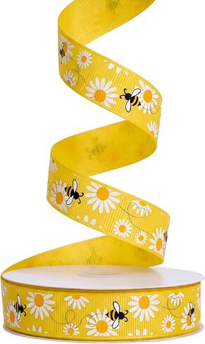 شريط Ribest Bee Daisy Grosgrain، 5/8 بوصة 10 ياردات، شريط مدرس النحل الطنان للحرف اليدوية لتغليف الهدايا وأقواس الشعر لتزيين الحفلات، أصفر/أسود/أبيض in Kuwait