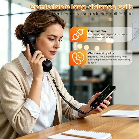 Retro Phone Handset for Type-C, Vintage Wired Plug in Handheld Cell Phone, Plug and Play for Call, with Volume Control & Mic, Noise Reduction, Landline Handle Receiver with Microphone (Black) in Saudi Arabia