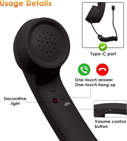 Retro Phone Handset for Type-C, Vintage Wired Plug in Handheld Cell Phone, Plug and Play for Call, with Volume Control & Mic, Noise Reduction, Landline Handle Receiver with Microphone (Black) in Saudi Arabia