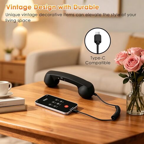 Retro Phone Handset for Type-C, Vintage Wired Plug in Handheld Cell Phone, Plug and Play for Call, with Volume Control & Mic, Noise Reduction, Landline Handle Receiver with Microphone (Black) in Saudi Arabia