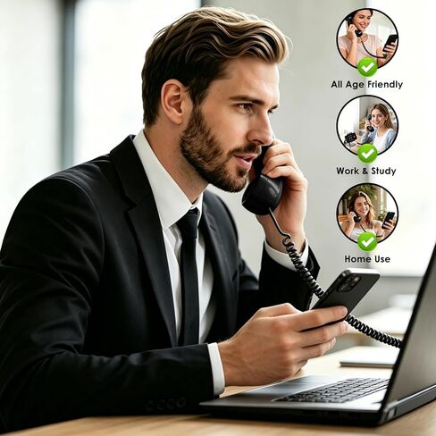 Retro Phone Handset for Type-C, Vintage Wired Plug in Handheld Cell Phone, Plug and Play for Call, with Volume Control & Mic, Noise Reduction, Landline Handle Receiver with Microphone (Black) in Saudi Arabia