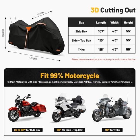 غطاء دراجة نارية XYZCTEM عالي التحمل مقاوم للماء مع صندوق جانبي وعلوي، يناسب Harley Davidson Ultra Limited، Road Glide Limited، Gold Wing، Road Master خارجي حماية من جميع الأحوال الجوية، 110 بوصة in Kuwait