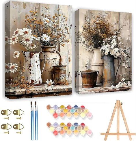 2Pack Flowers Paint by Numbers Kit for Adults Beginners, Floral in Tin Cans Adults Paint by Number Kits with framed-Wood Easel, DIY Acrylic Oil Painting by Numbers Crafts for Home Wall Decor 8X12 Inch in Saudi Arabia