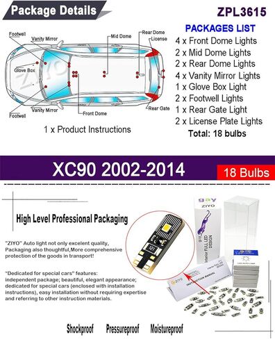 ZIYO LED Interior Light Kit for Volvo XC90 2002-2014 Dome Light Bulbs Replacement Package, 6000K Xenon White LED Lights Accessories Upgrade Error Free (18 Bulbs) in Saudi Arabia