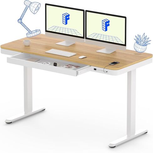 مكتب قائم كهربائي FLEXISPOT مقاس 55 بوصة مع أدراج، مكتب منزلي سريع التجميع مع مساحة تخزين، شحن USB، مكتب كمبيوتر للمكتب المنزلي (سطح خشب القيقب + إطار أبيض قابل للتعديل، Comhar) in Kuwait